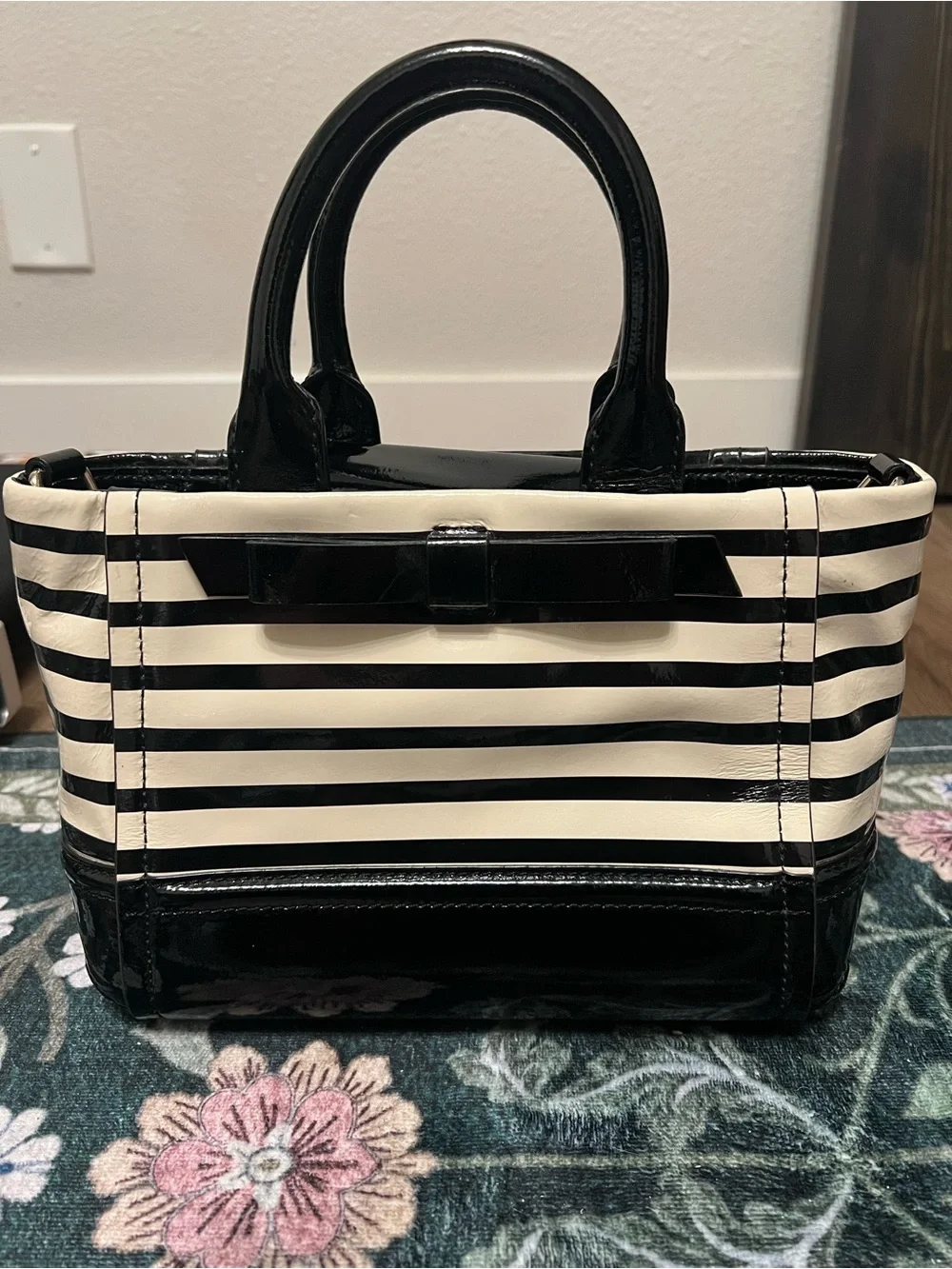 Kate Spade Black and White Striped Patent Leather Tote